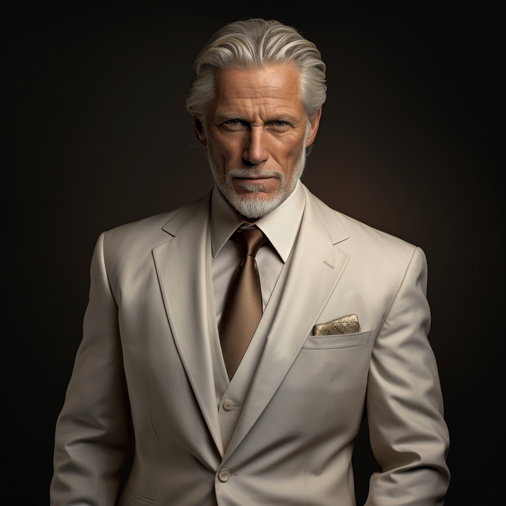 man wearing beige suit